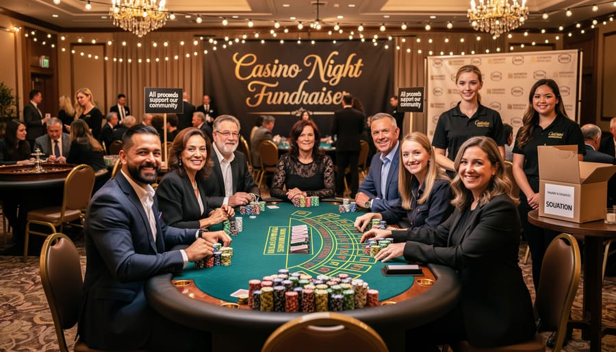 Diverse group of people enjoying casino games at LGBTQ fundraiser event