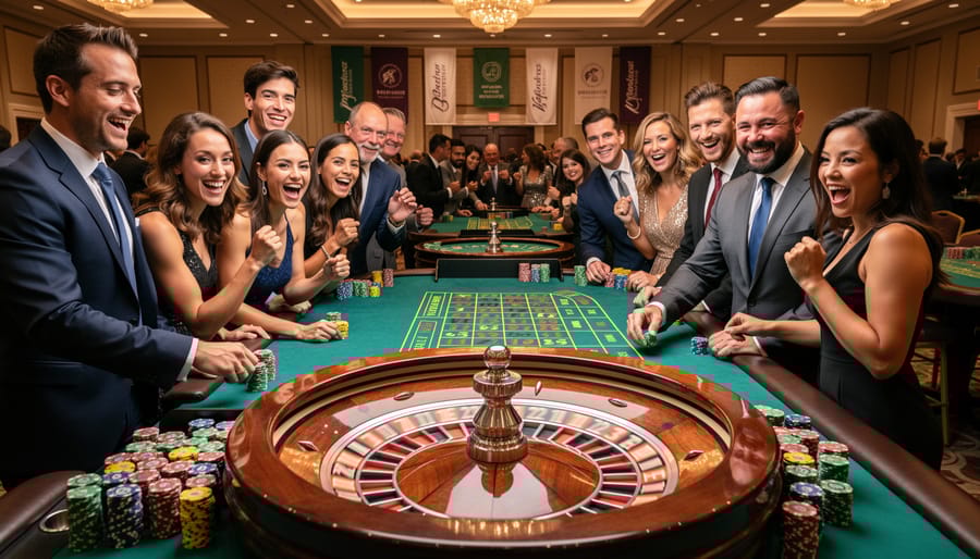 Close-up of roulette wheel spinning with colorful betting chips on casino table