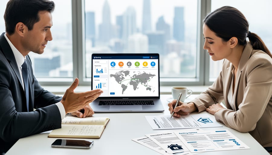 Hands using mobile banking app and debit card for international financial transactions