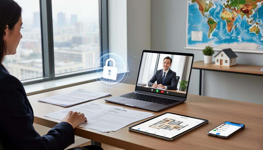 Person working remotely on international property transaction with passport and documents