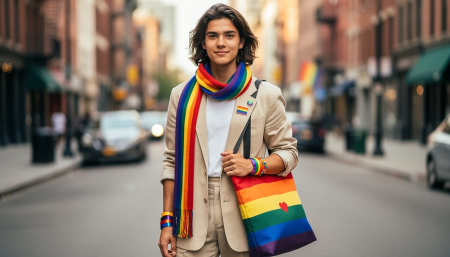 Collection of Pride flag accessories including rainbow bracelet, pins, and patches representing different identities