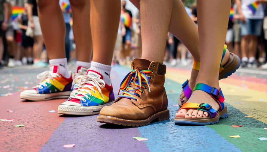 Diverse collection of colorful Pride-themed footwear including decorated sneakers and boots on pavement