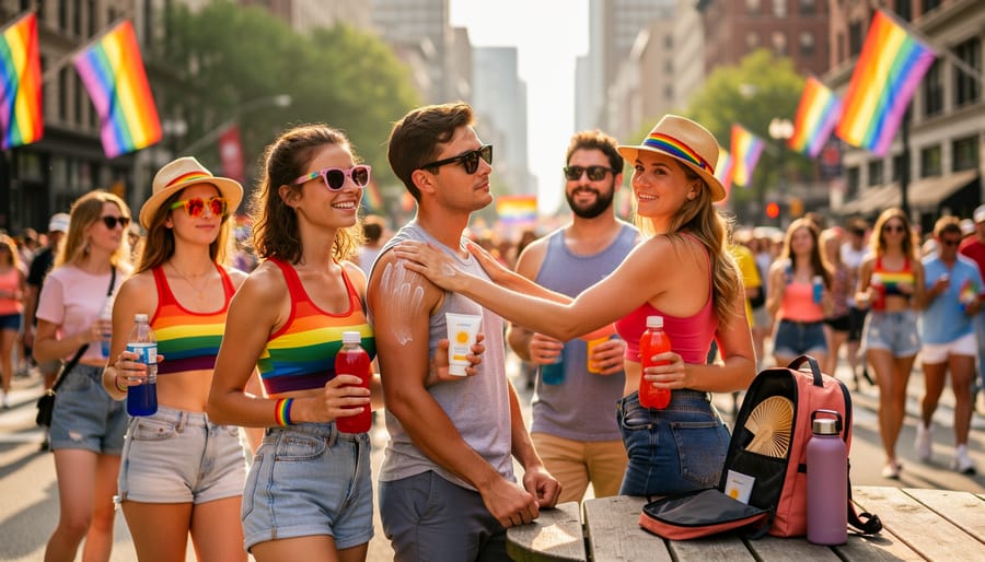 Person in Pride attire applying sunscreen while holding water bottle in outdoor setting