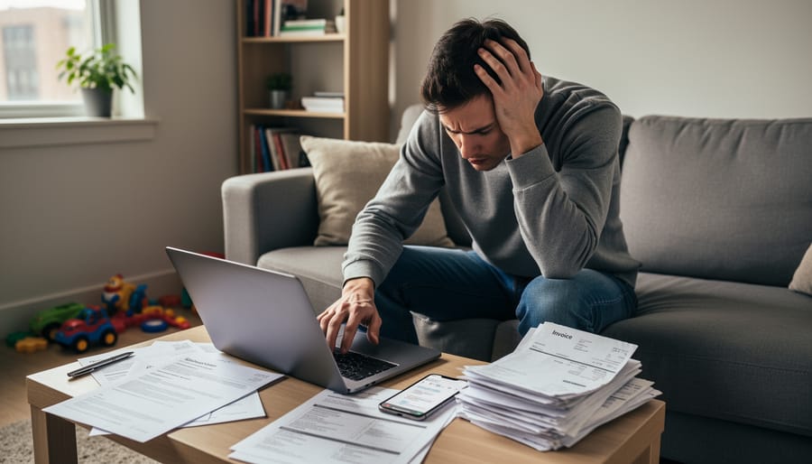 Everyday items on a kitchen table, including keys and papers, suggesting financial and employment stress.