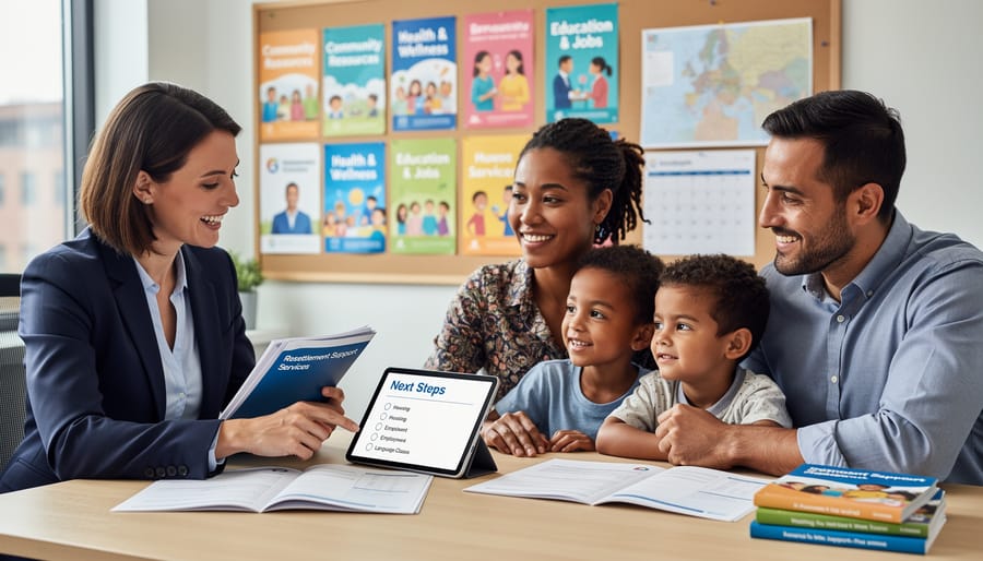 Caseworker handing a folder and pen to a family in a waiting area
