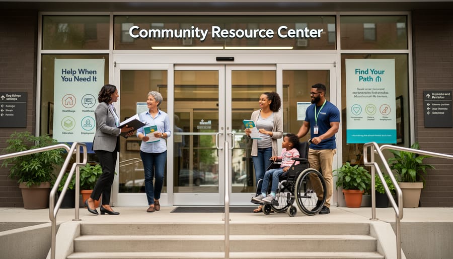 Community center entrance with warm interior light and an unreadable welcome sign