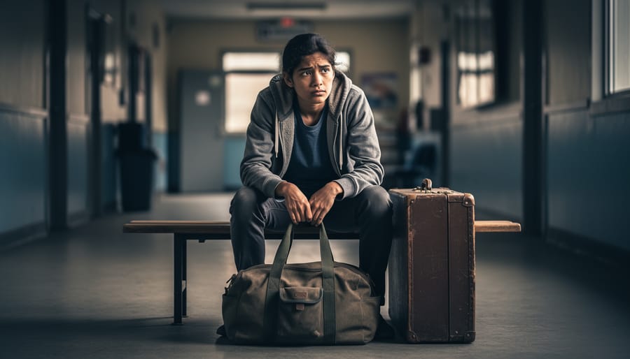 LGBTQ refugee holding a duffel bag while waiting outside an interview room