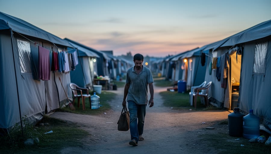 Solitary figure walking along a refugee camp path at dusk with temporary tents in the background