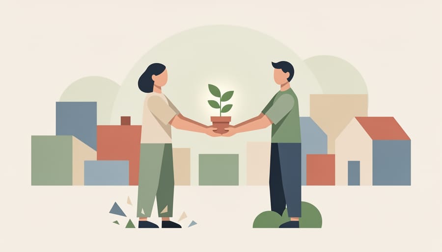 Two people exchanging a small potted plant outside a community center entrance