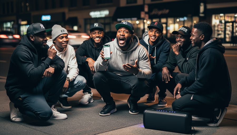 Rappers performing in a nighttime cypher circle with streetlamp lighting and blurred crowd lights
