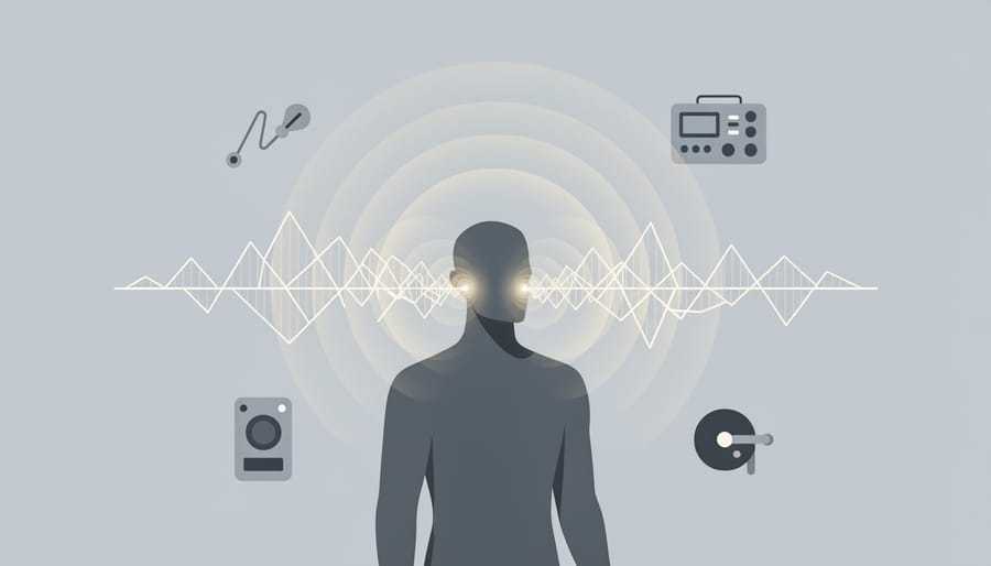 Person wearing headphones in a recording booth with glowing light reflections suggesting sound and rhythm