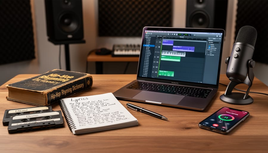 Open rhyme book and index cards on a wooden desk beside a tablet in soft daylight