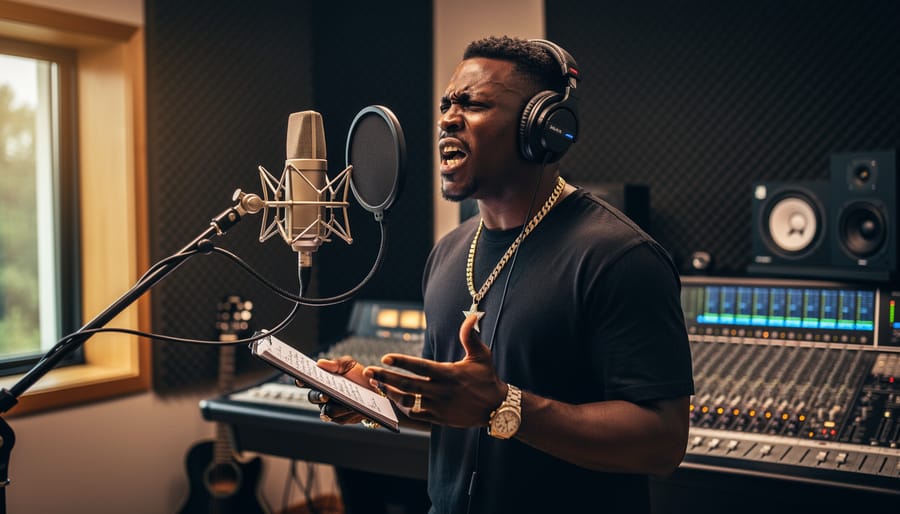 Hip hop artist holding a notebook and practicing near a microphone in a studio under soft lighting