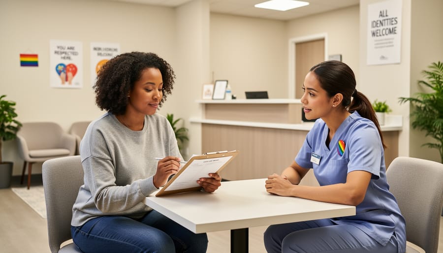 Trans or gender-diverse person holding a folder in a bright clinic waiting area