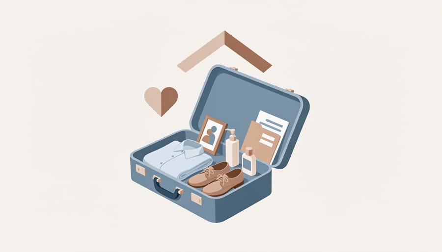 Open suitcase on a bench by a window with personal belongings and a folder inside