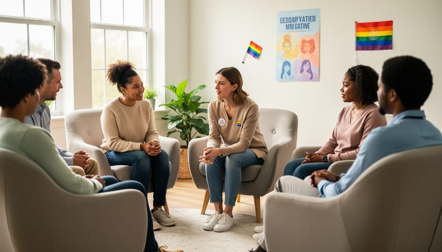 Two gender-diverse adults sitting together in a supportive counseling or community circle