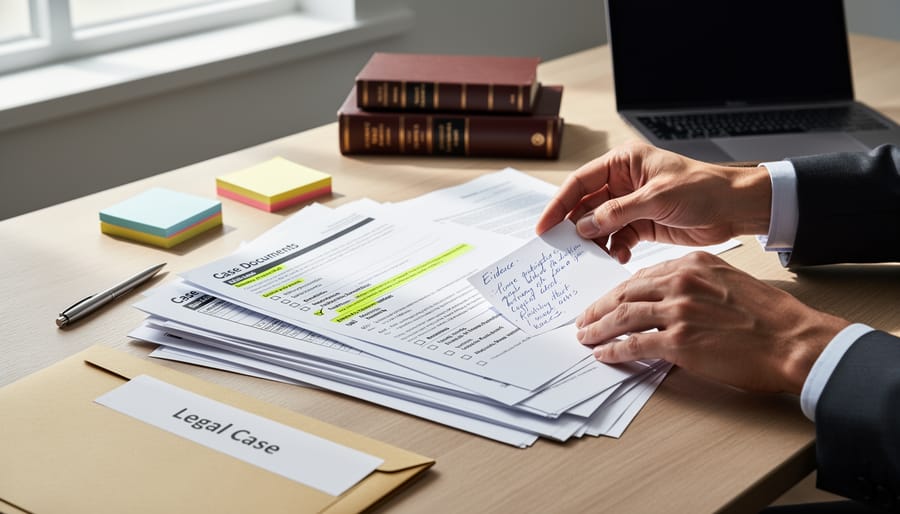 Close-up of hands preparing a folder of blank documents in a legal office setting
