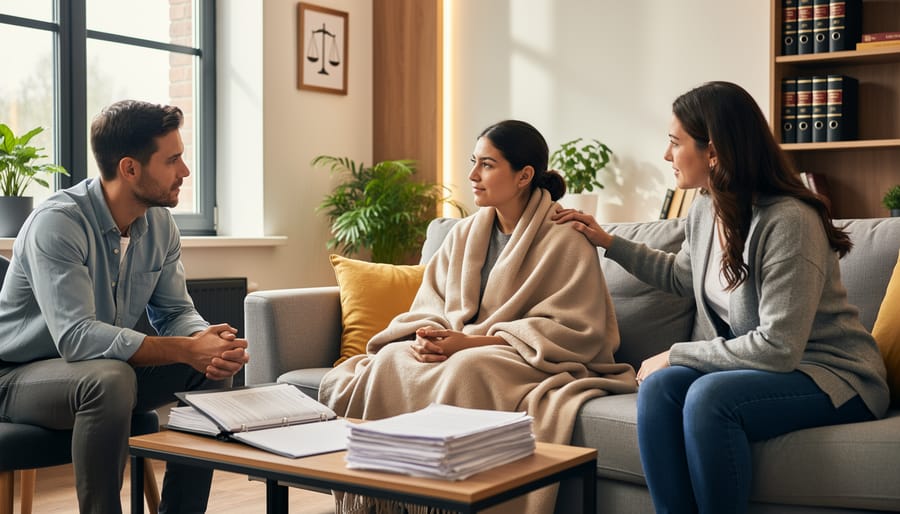 LGBTQ+ person sitting in a community support space holding a rainbow scarf