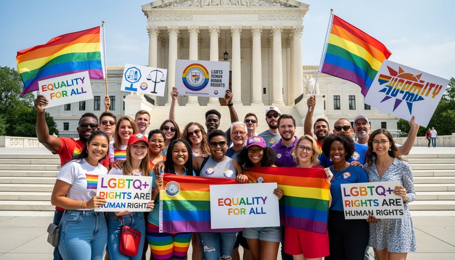 Diverse group of LGBTQ+ adults holding pride flags outside a Canadian courthouse